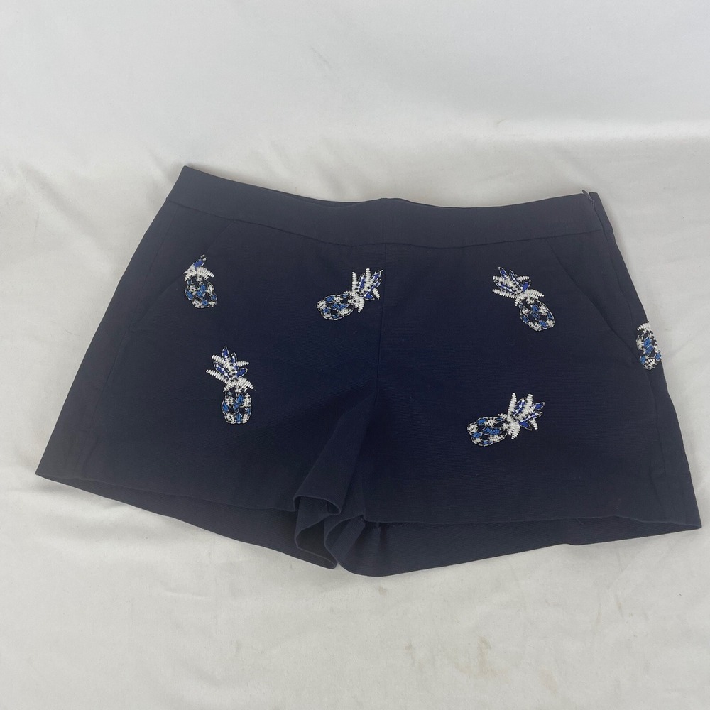 NWT Ann Taylor Loft  Shorts Size 6 Cotton Blend Navy Blue Embroidered Pineapples